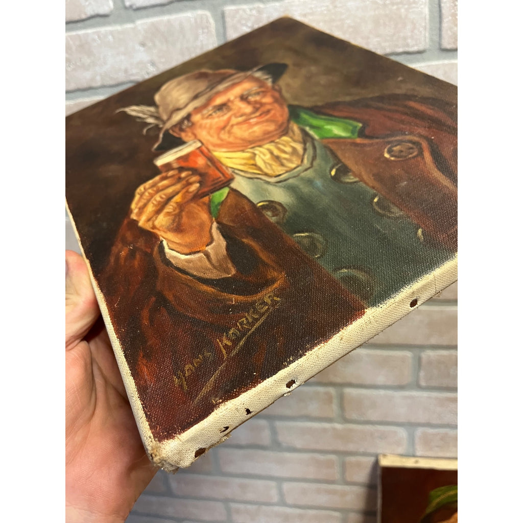 Vintage Bavarian Beer Drinker & Pipe Smoker Portrait Oil Paintings Signed Pair