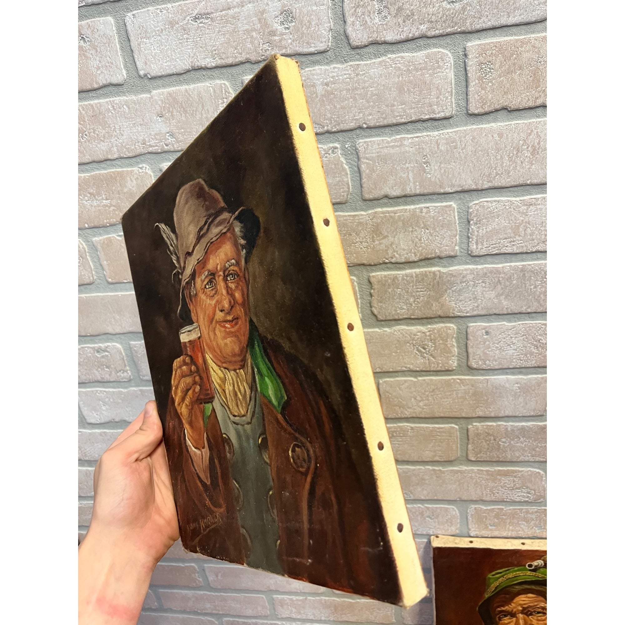 Vintage Bavarian Beer Drinker & Pipe Smoker Portrait Oil Paintings Signed Pair