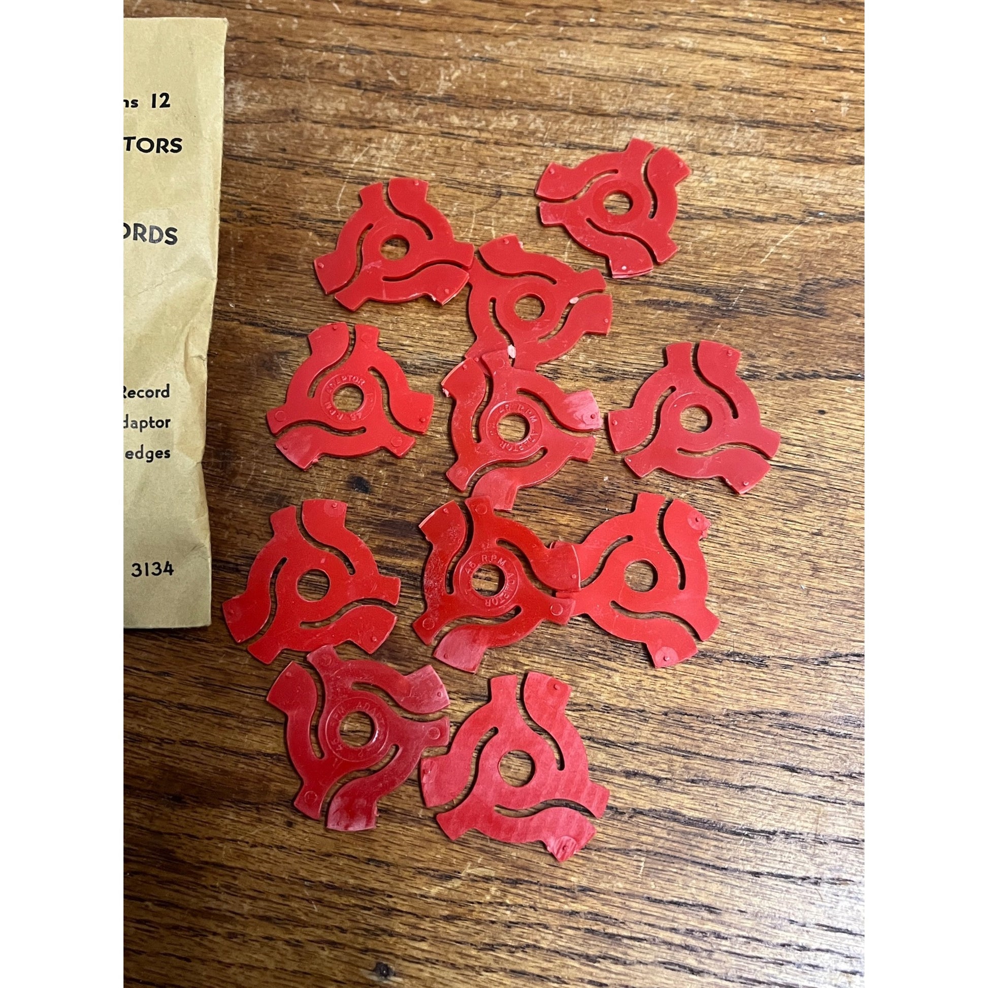 45 RPM Center Hole Record Adaptors Vintage Lot of 11 Red Plastic #3134 Envelope