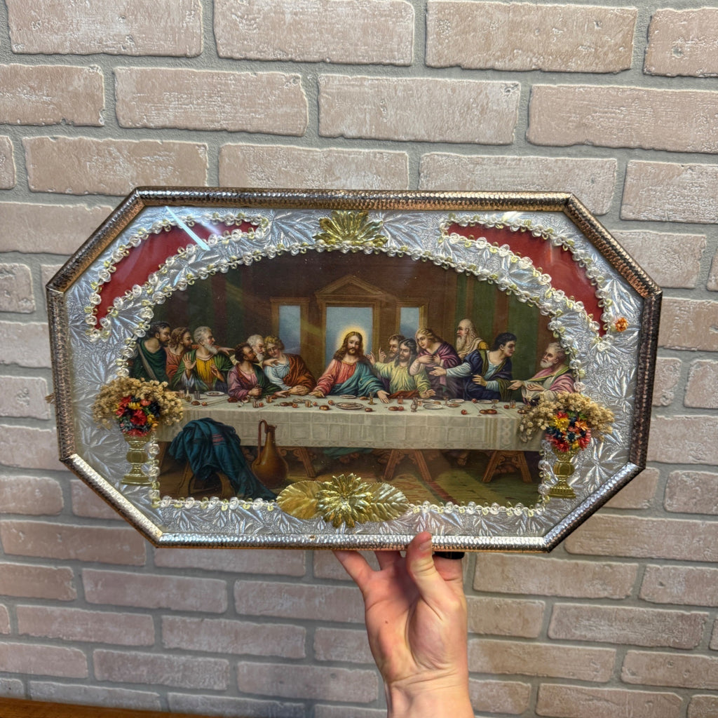 Vintage Catholic Last Supper Shadow Box Shrine Religious Wall Hanging Foil Frame