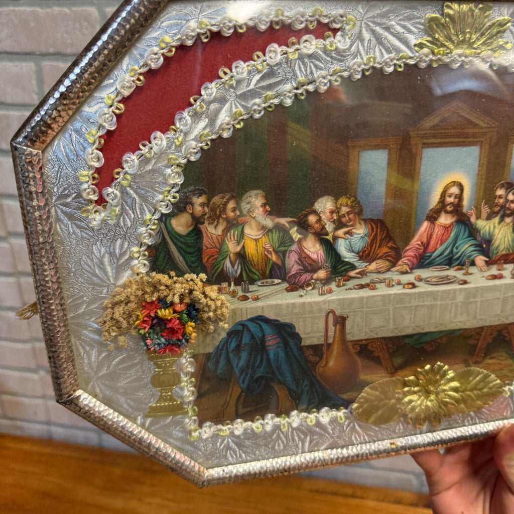 Vintage Catholic Last Supper Shadow Box Shrine Religious Wall Hanging Foil Frame