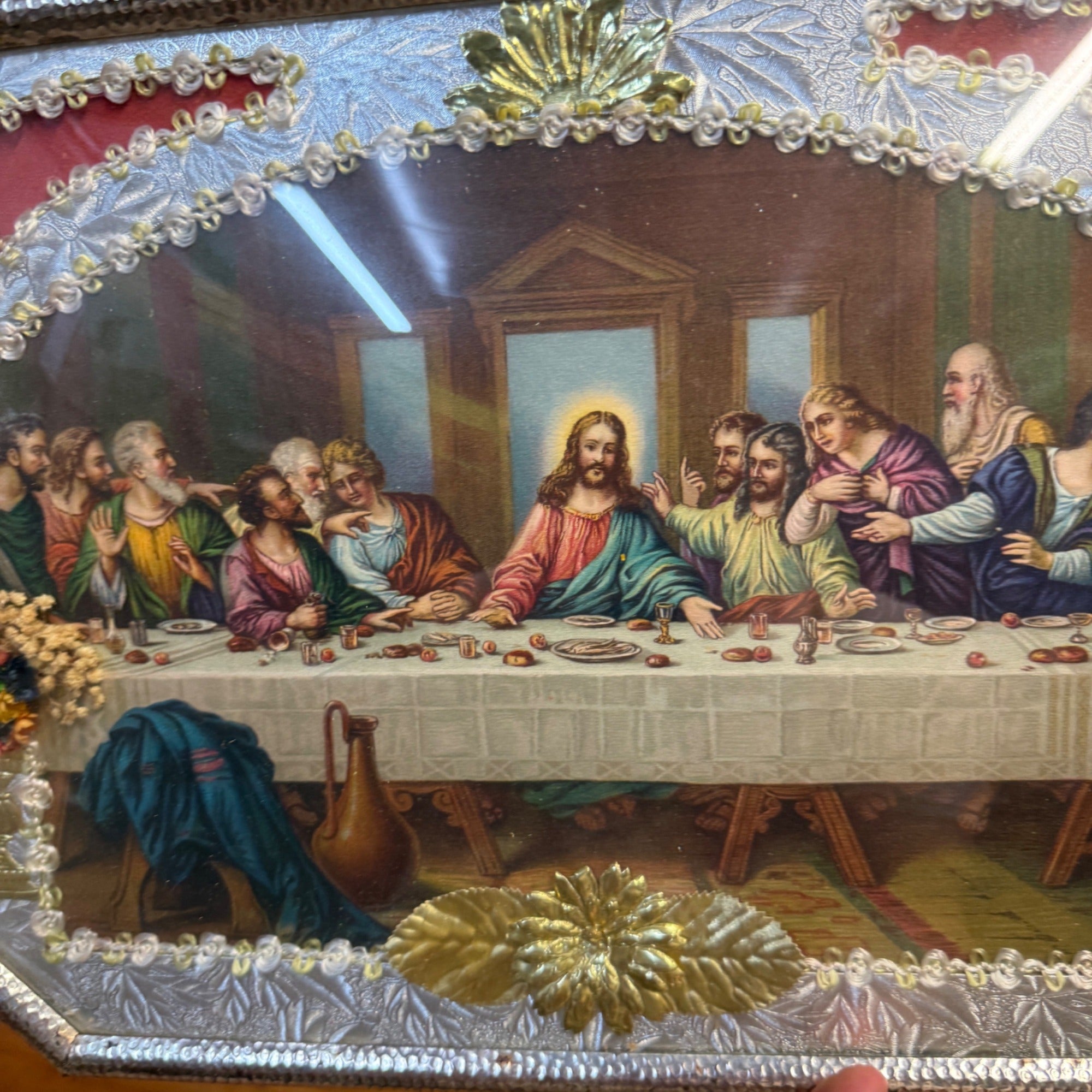 Vintage Catholic Last Supper Shadow Box Shrine Religious Wall Hanging Foil Frame