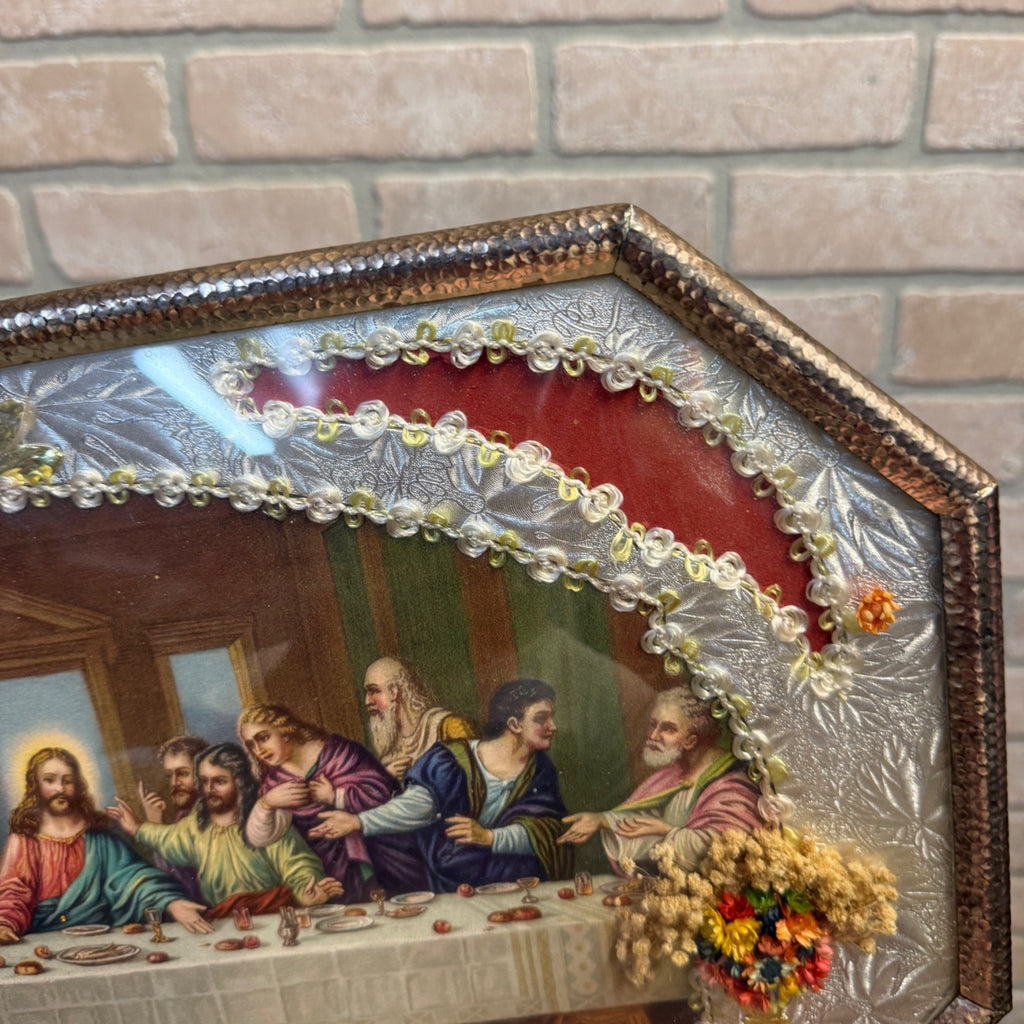 Vintage Catholic Last Supper Shadow Box Shrine Religious Wall Hanging Foil Frame