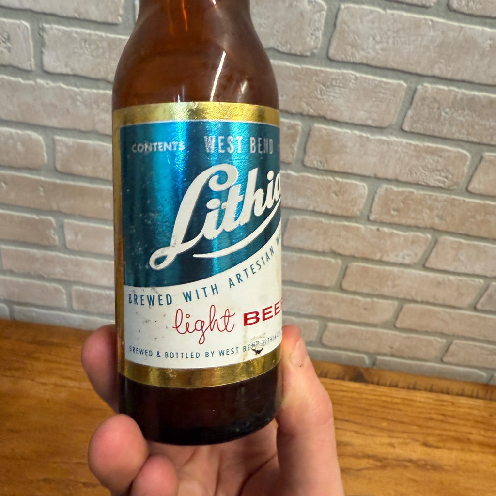 Vintage 1966 West Bend Lithia Paper Label 7oz Light Beer Bottle Wisconsin Wis