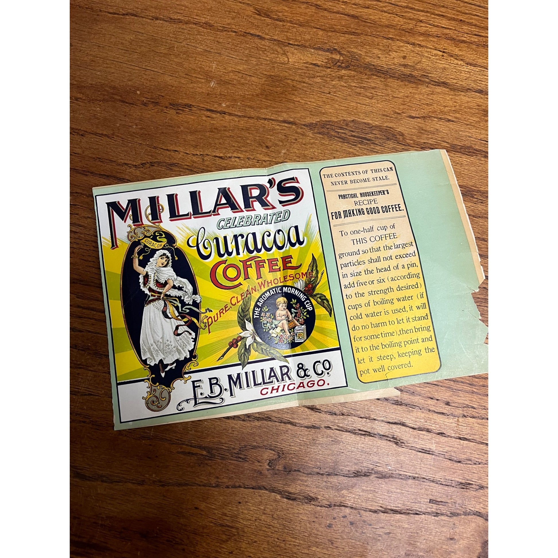 Original Tin Can Label Vintage Coffee c1910 Millars Curacoa Chicago Illinois