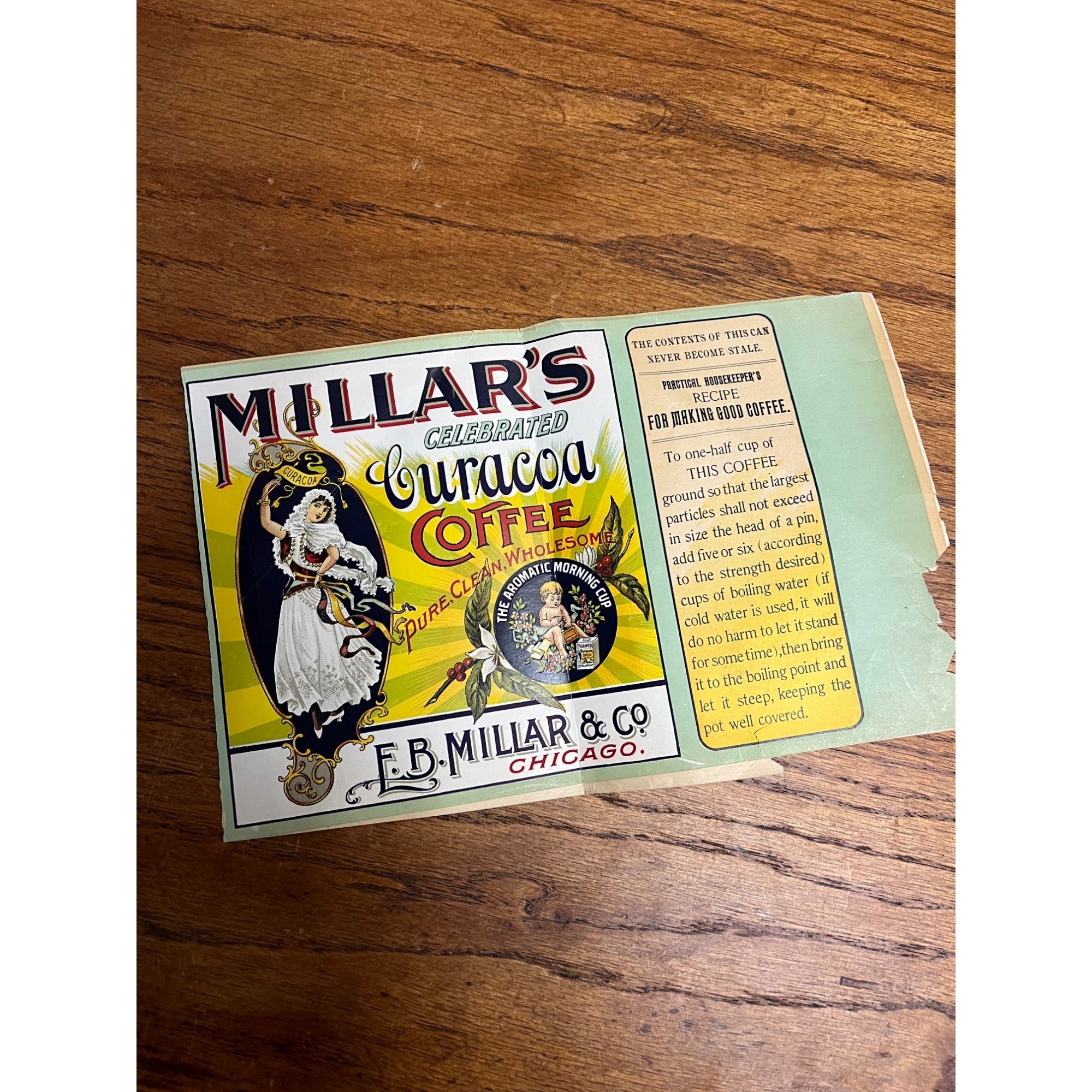 Original Tin Can Label Vintage Coffee c1910 Millars Curacoa Chicago Illinois