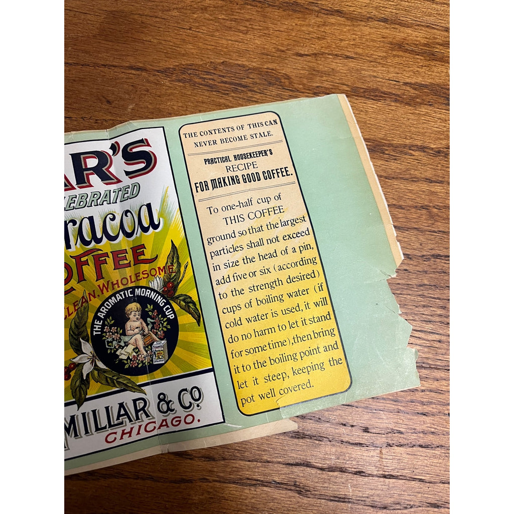 Original Tin Can Label Vintage Coffee c1910 Millars Curacoa Chicago Illinois