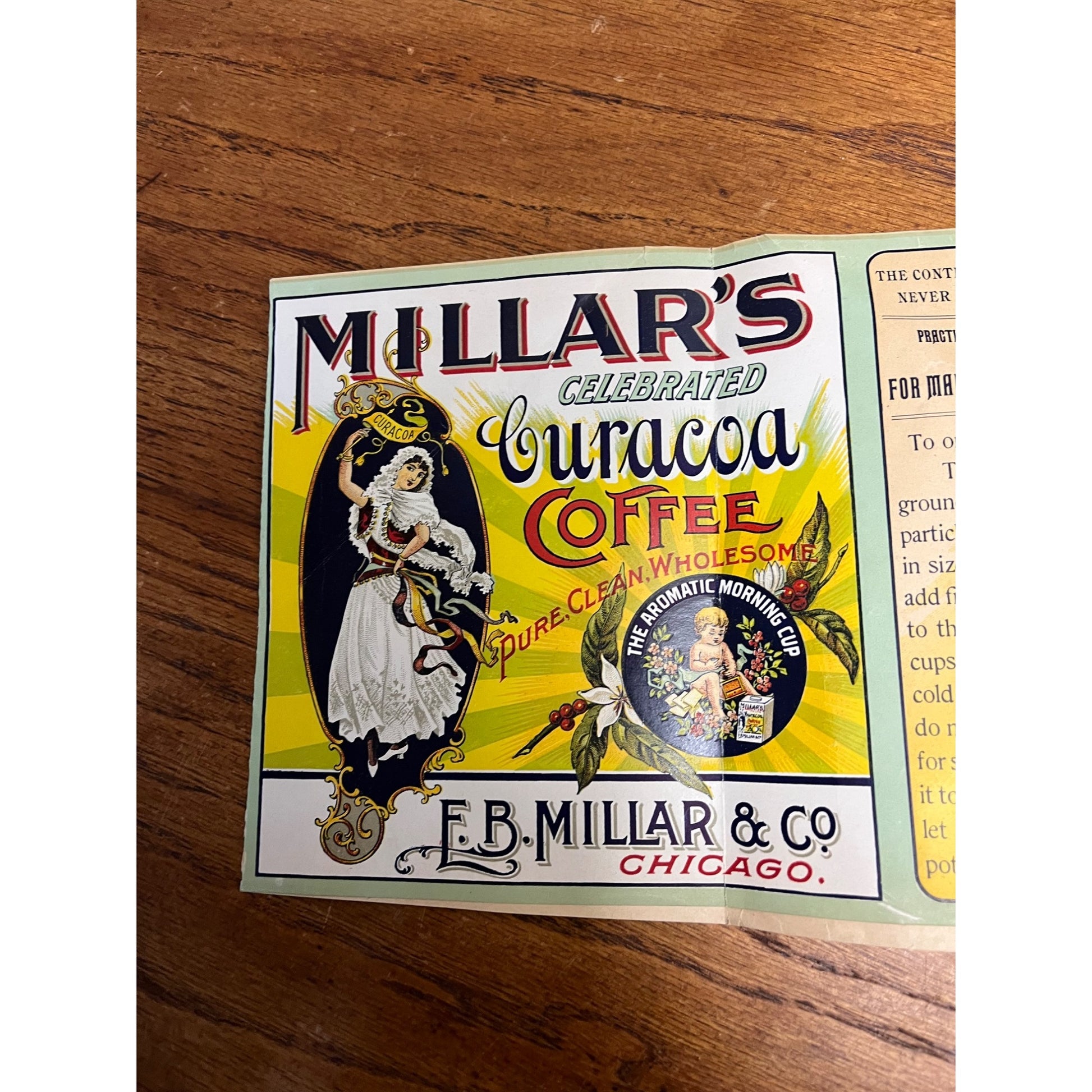 Original Tin Can Label Vintage Coffee c1910 Millars Curacoa Chicago Illinois