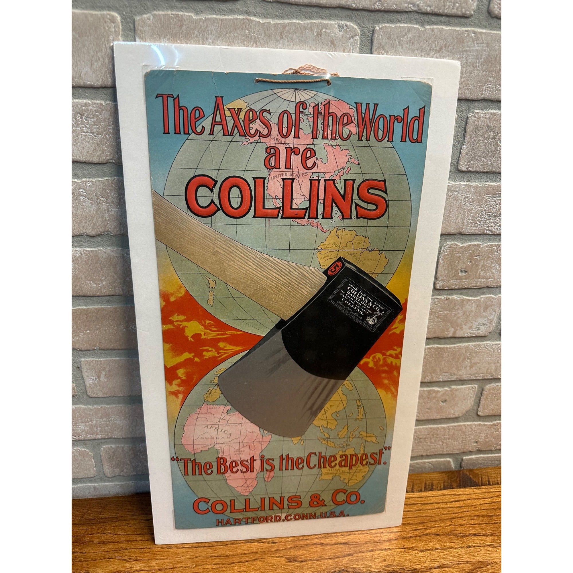 Original Vintage Collins Axes Advertising Litho Cardboard Hanging Sign