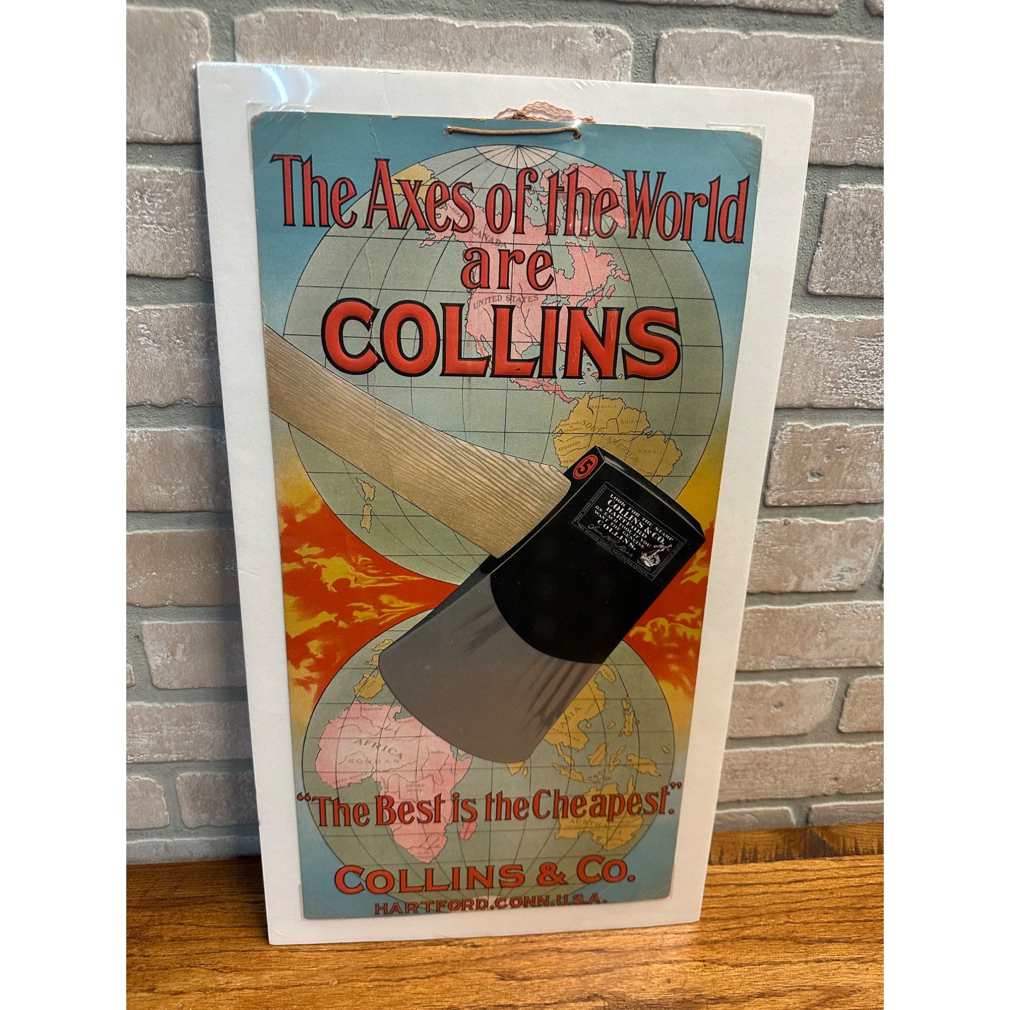 Original Vintage Collins Axes Advertising Litho Cardboard Hanging Sign