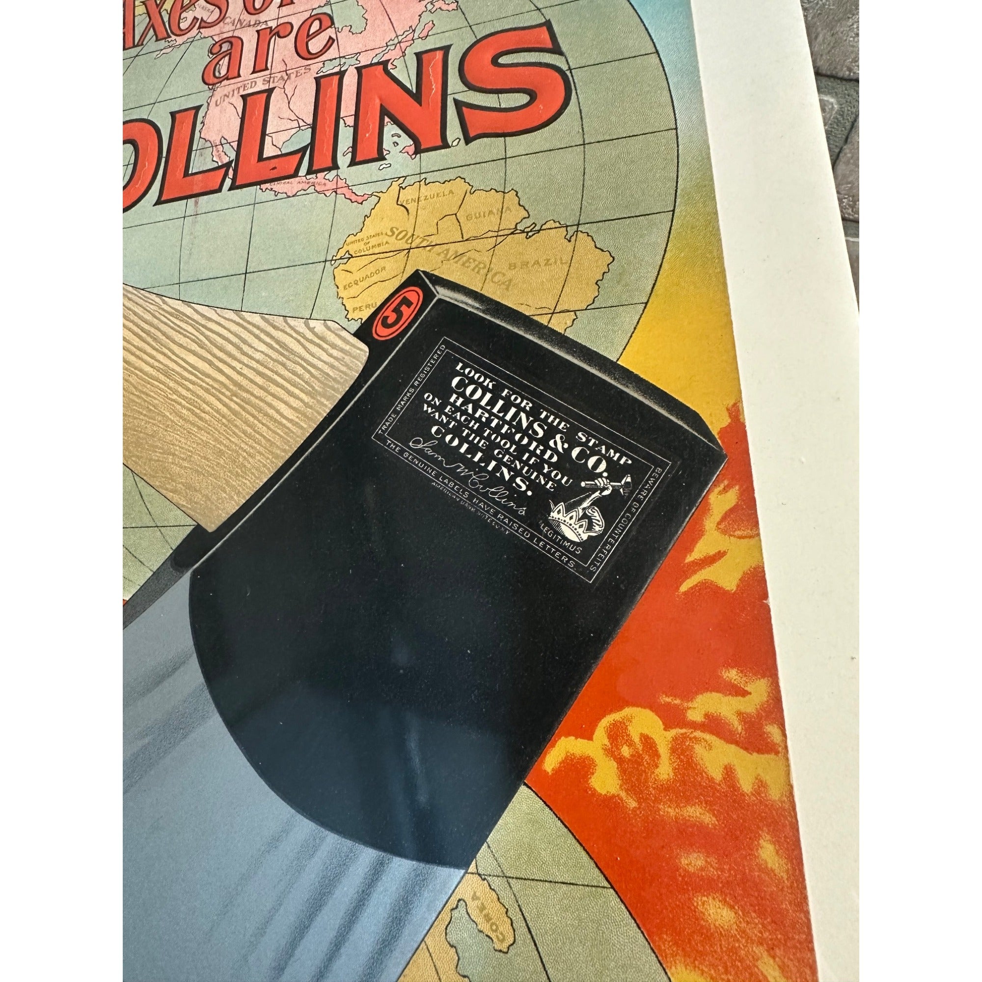 Original Vintage Collins Axes Advertising Litho Cardboard Hanging Sign