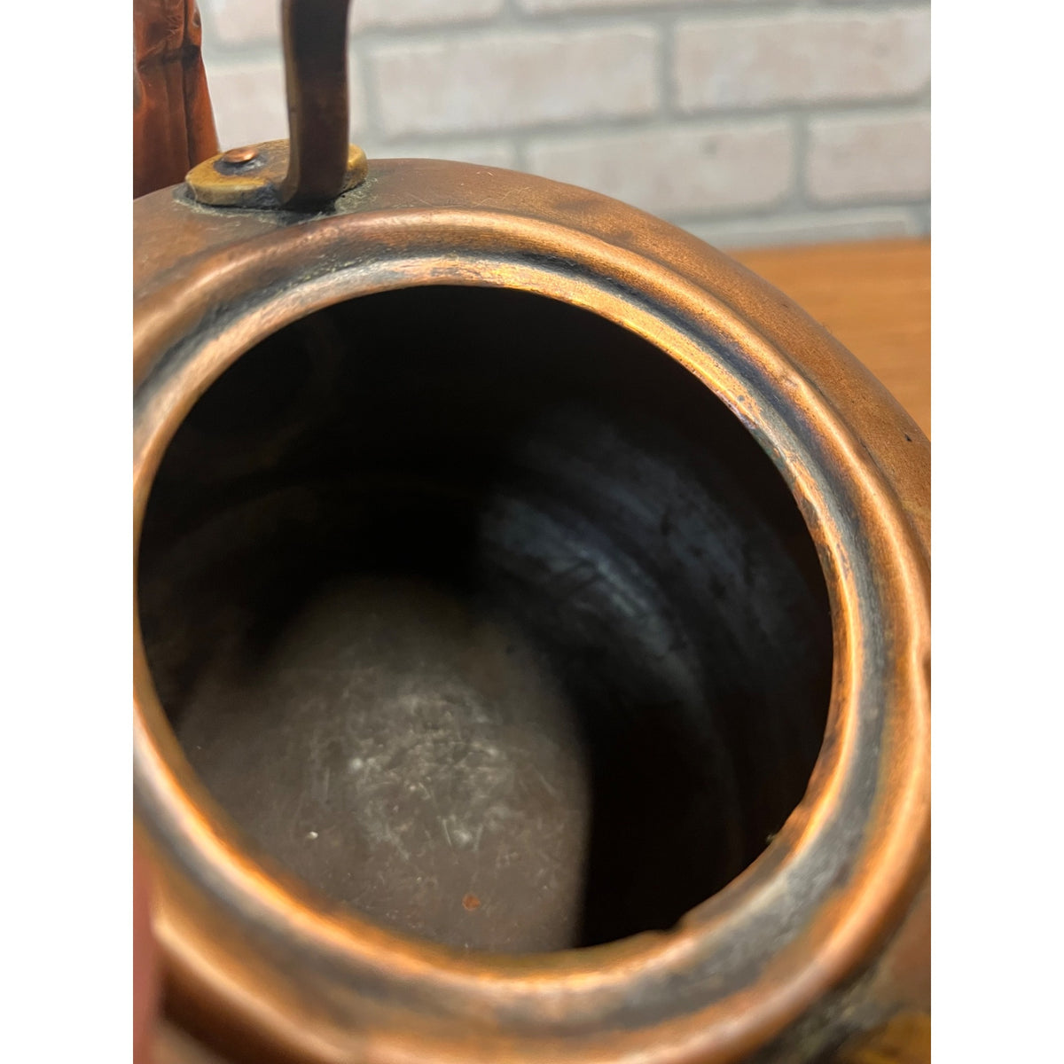 Antique Victorian Copper Tea Kettle Gooseneck Spout Brass Wood Handle c1900