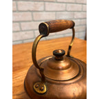 Antique Victorian Copper Tea Kettle Gooseneck Spout Brass Wood Handle c1900