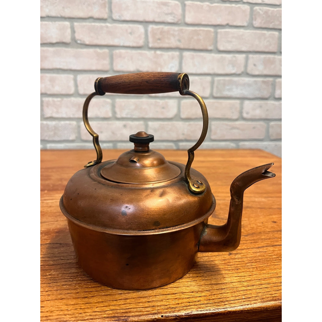 Antique Victorian Copper Tea Kettle Gooseneck Spout Brass Wood Handle c1900