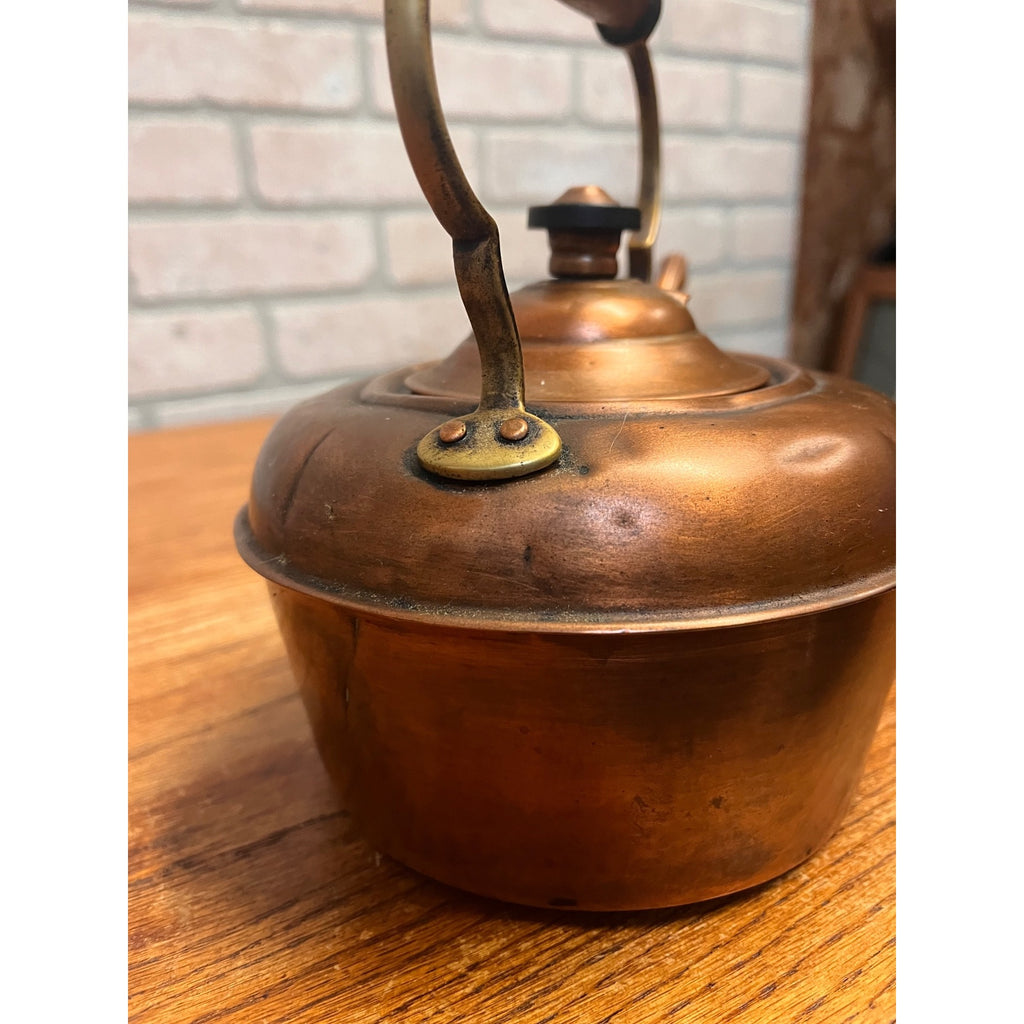 Antique Victorian Copper Tea Kettle Gooseneck Spout Brass Wood Handle c1900