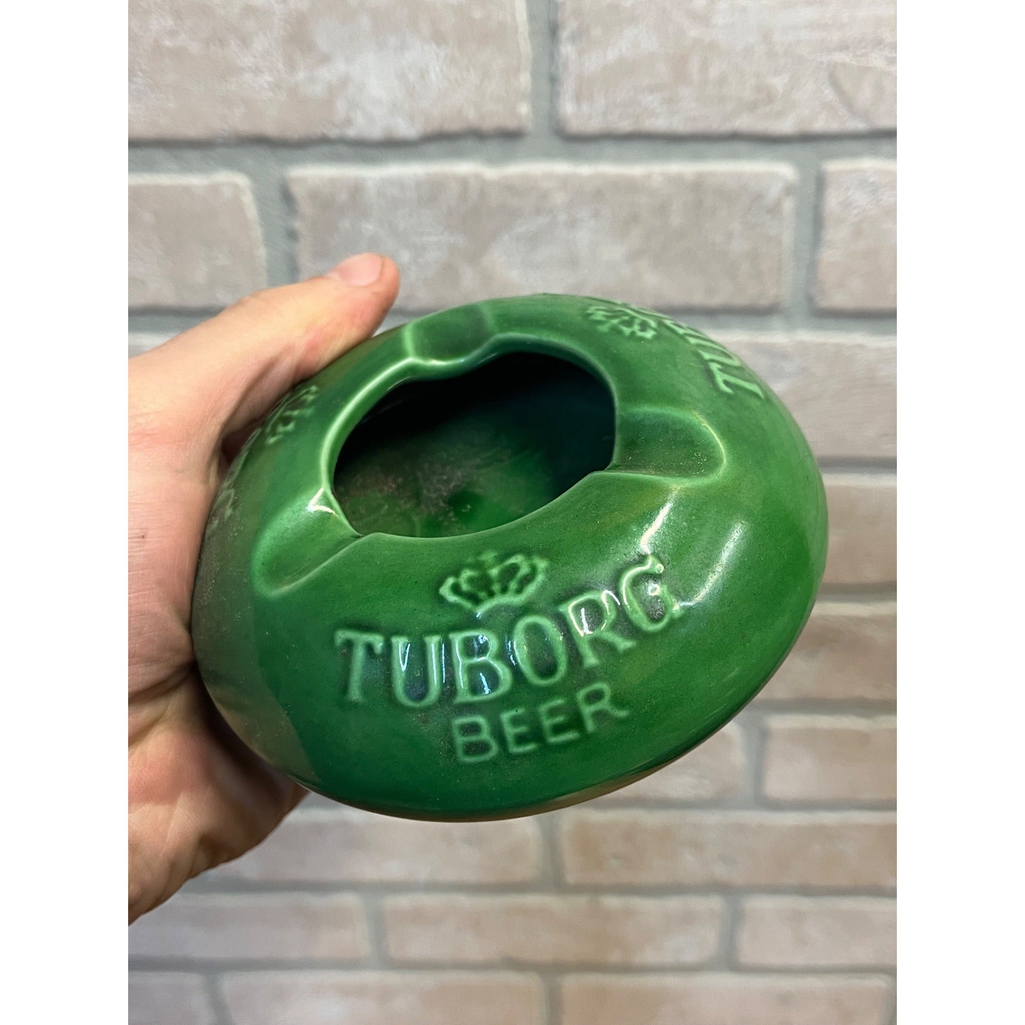 Vintage Tuborg Beer Ceramic Advertising Ashtray Denmark Green Art Pottery 4.5"