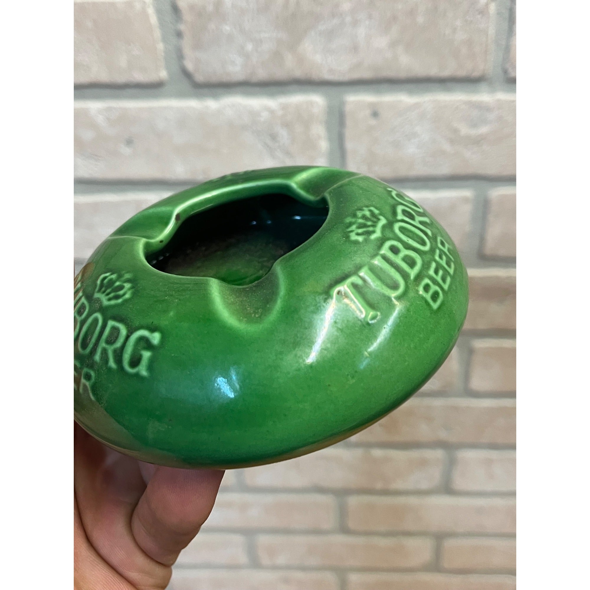 Vintage Tuborg Beer Ceramic Advertising Ashtray Denmark Green Art Pottery 4.5"