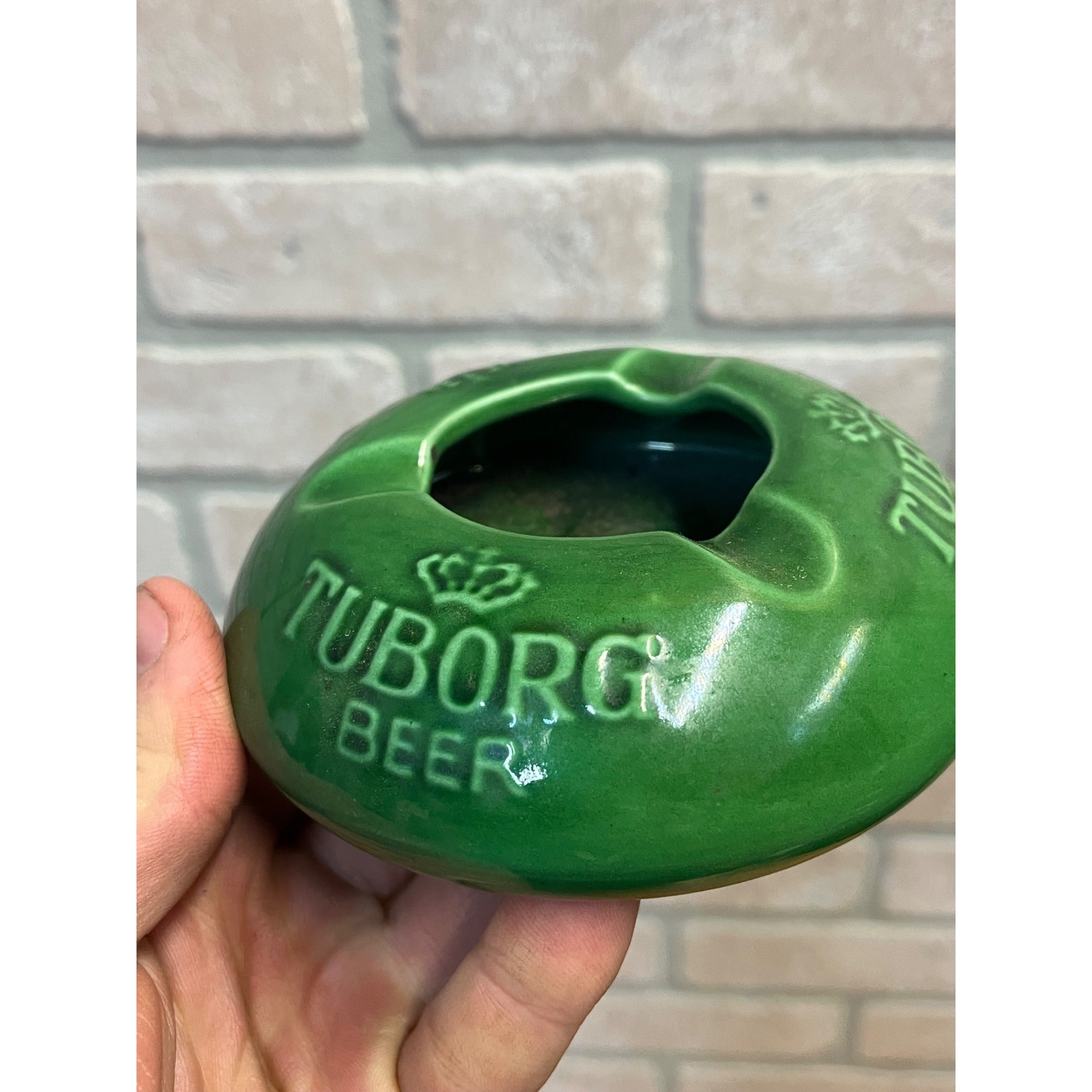 Vintage Tuborg Beer Ceramic Advertising Ashtray Denmark Green Art Pottery 4.5"