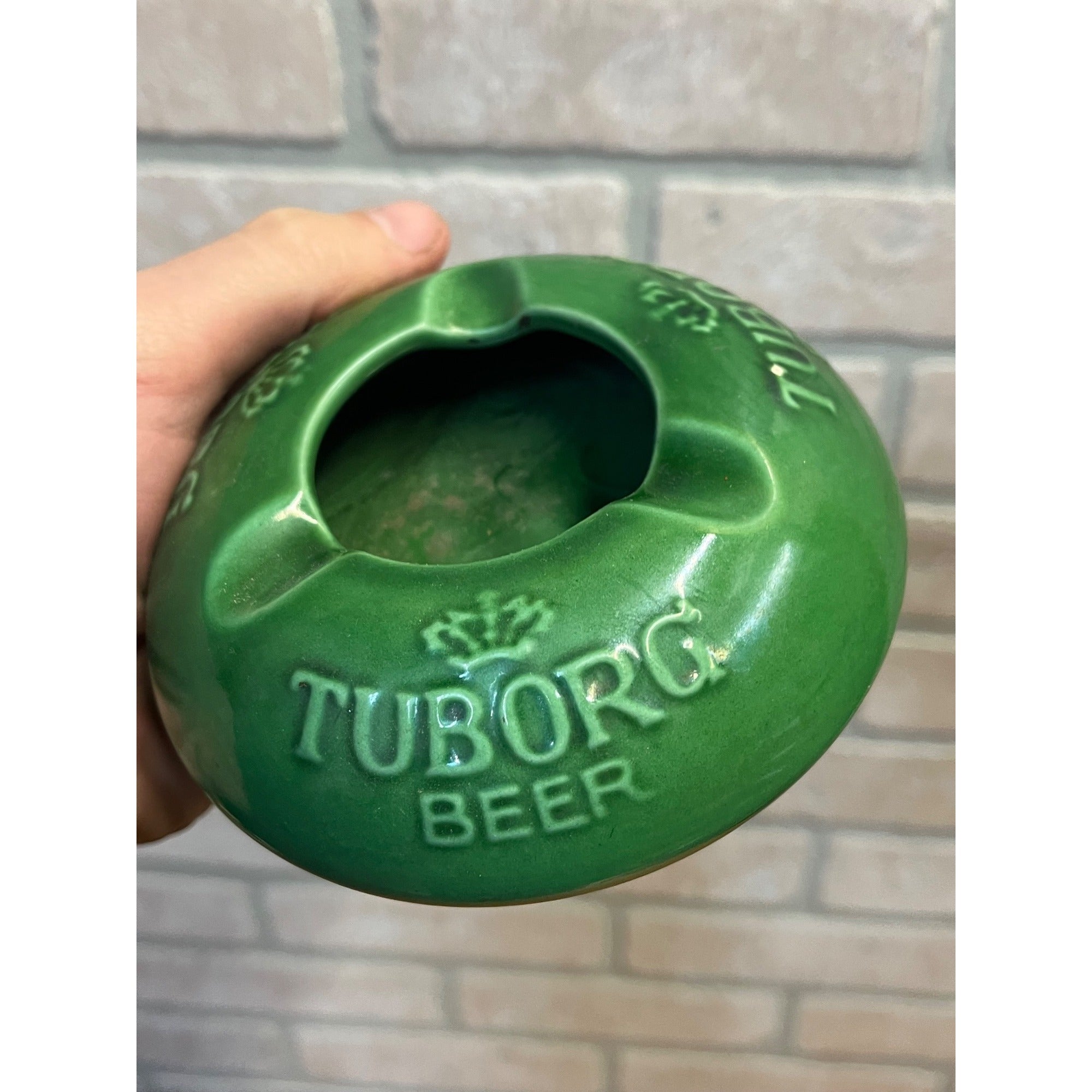 Vintage Tuborg Beer Ceramic Advertising Ashtray Denmark Green Art Pottery 4.5"