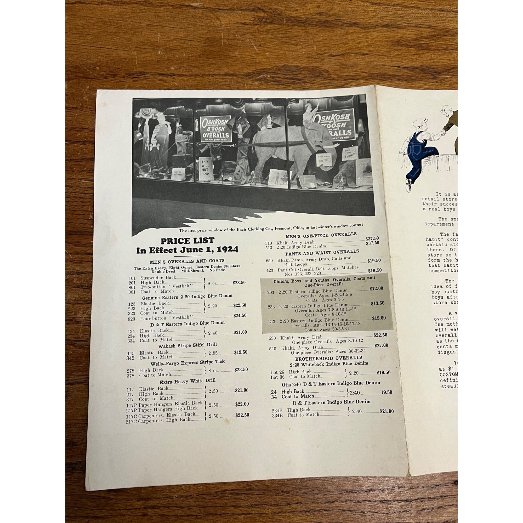 Vintage 1924 Oshkosh B'Gosh Advertising Store Brochure & Price List Dealer