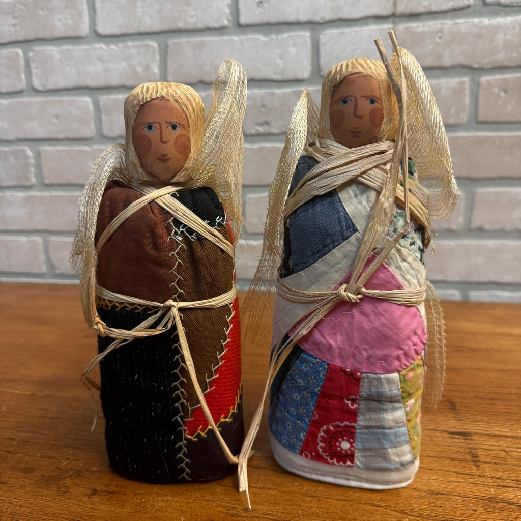 Primitive Quilt Patchwork Style Angel Figures Wood Head Chris Rod Artist Signed