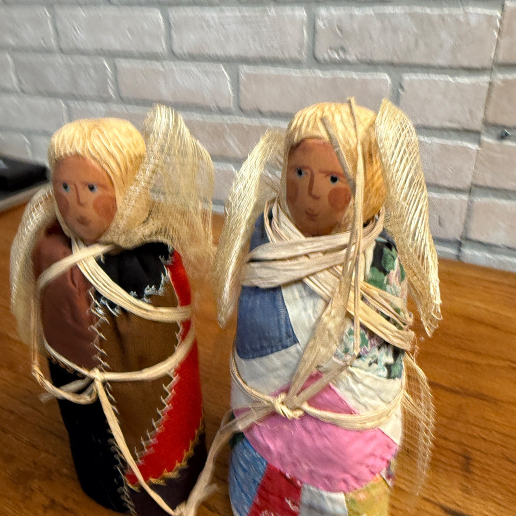 Primitive Quilt Patchwork Style Angel Figures Wood Head Chris Rod Artist Signed