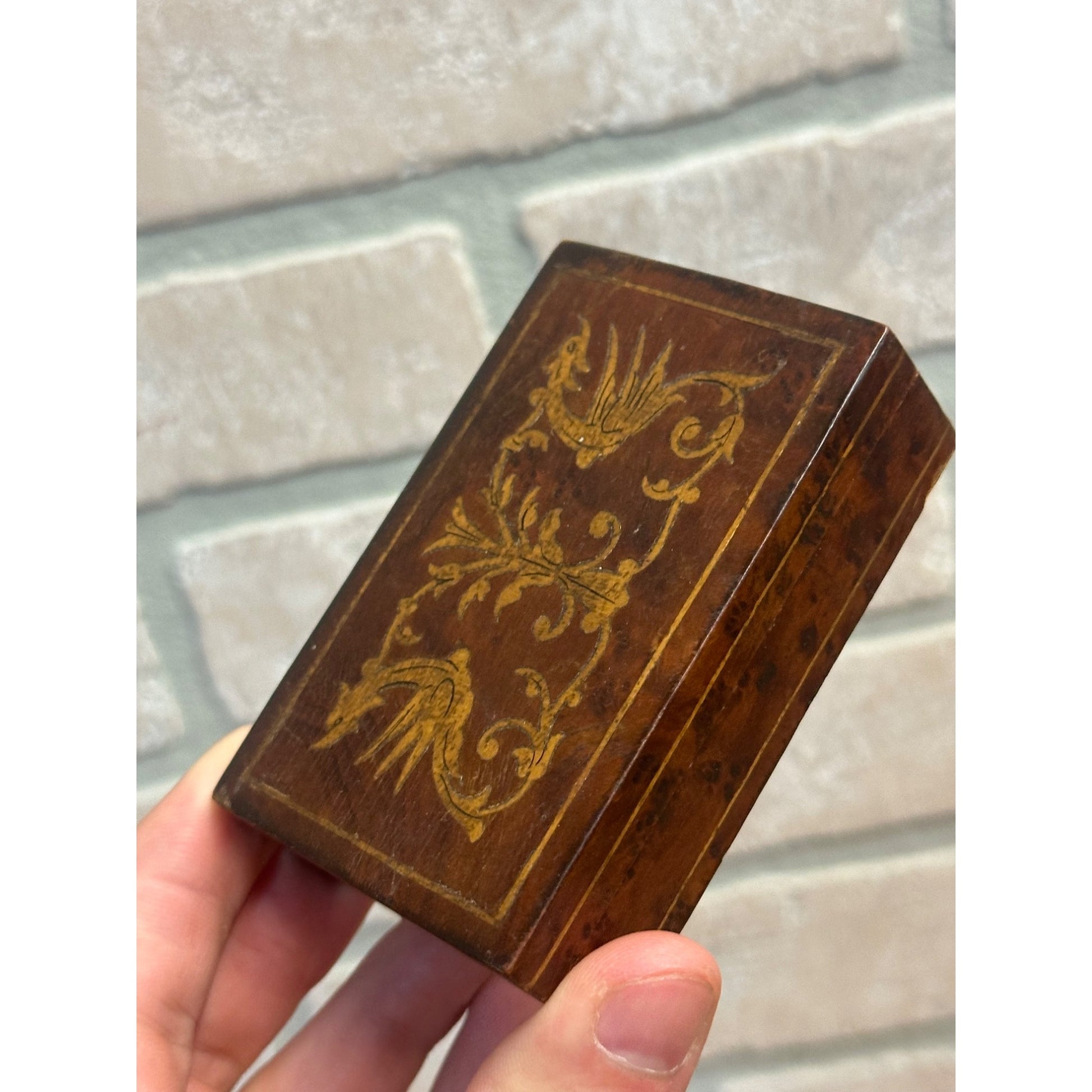 Vintage Italian Wooden Carved Ornate Desk Stamp Holder Box Italy 3.5"