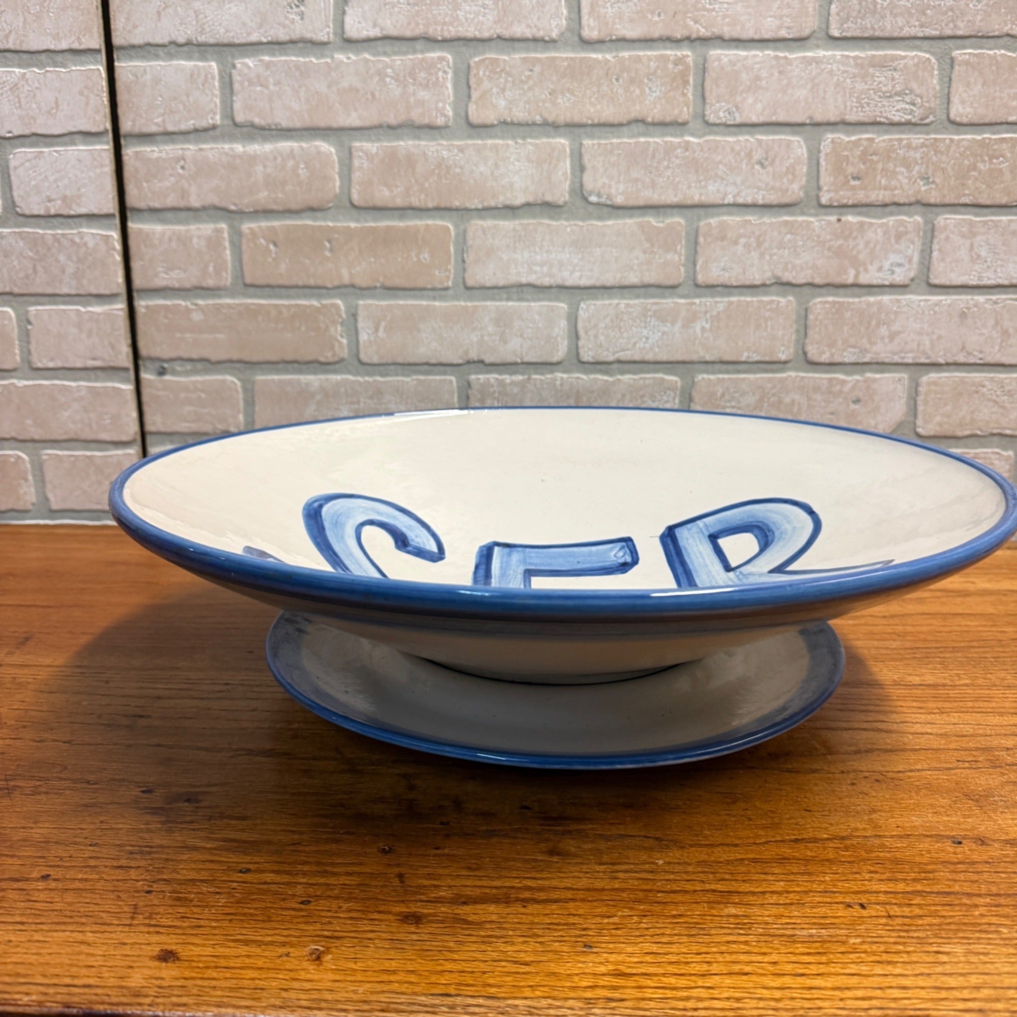 RARE Vintage Large MA Hadley Wash Fruit Bowl + Stand Centerpiece "SFR" Pottery