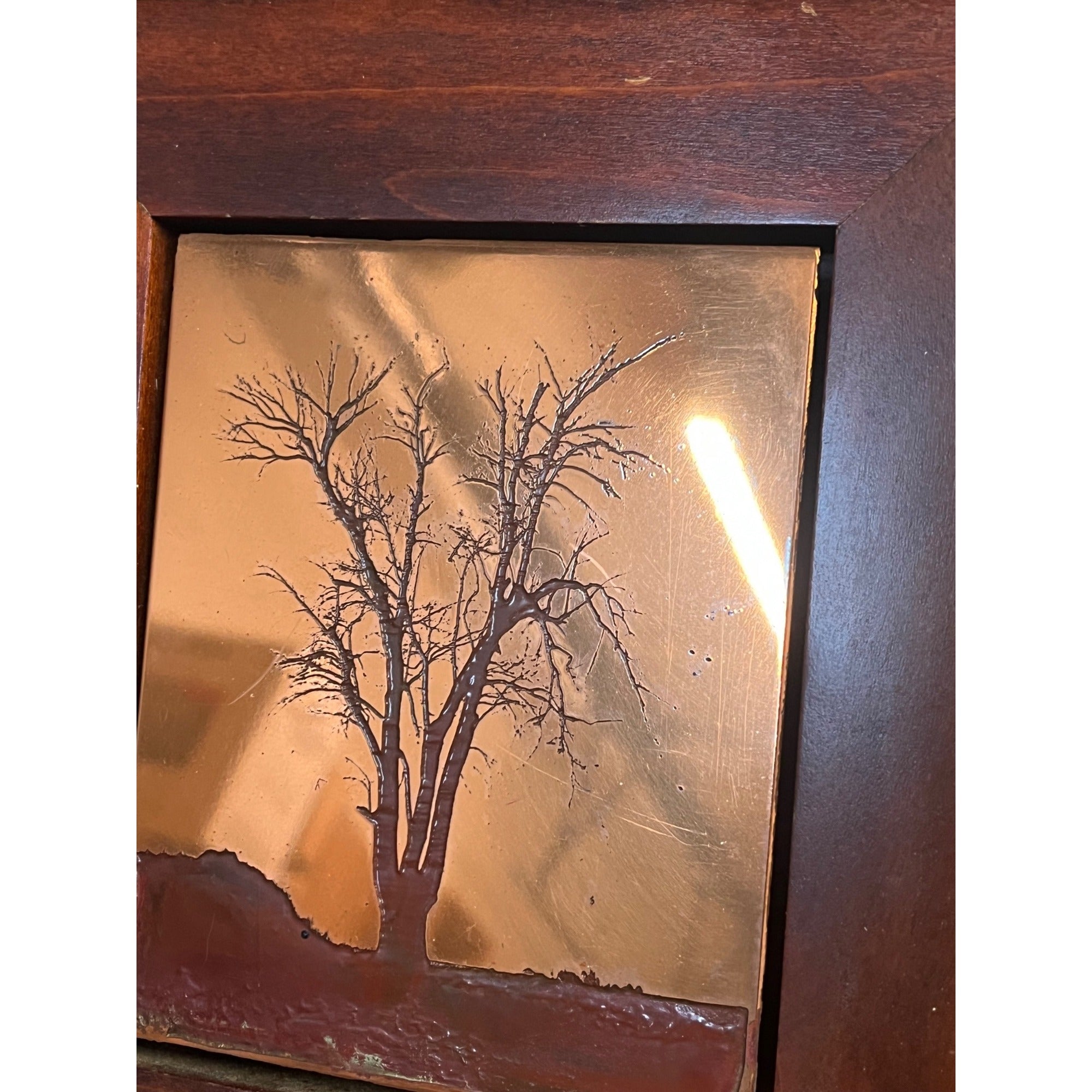 Vintage Etching in Copper Framed Art by Wynn Hopkins Tree Park Forest Illinois