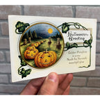 1916 Whitney Made Halloween Postcard Golden Pumpkins In a Row Neath the Harvest