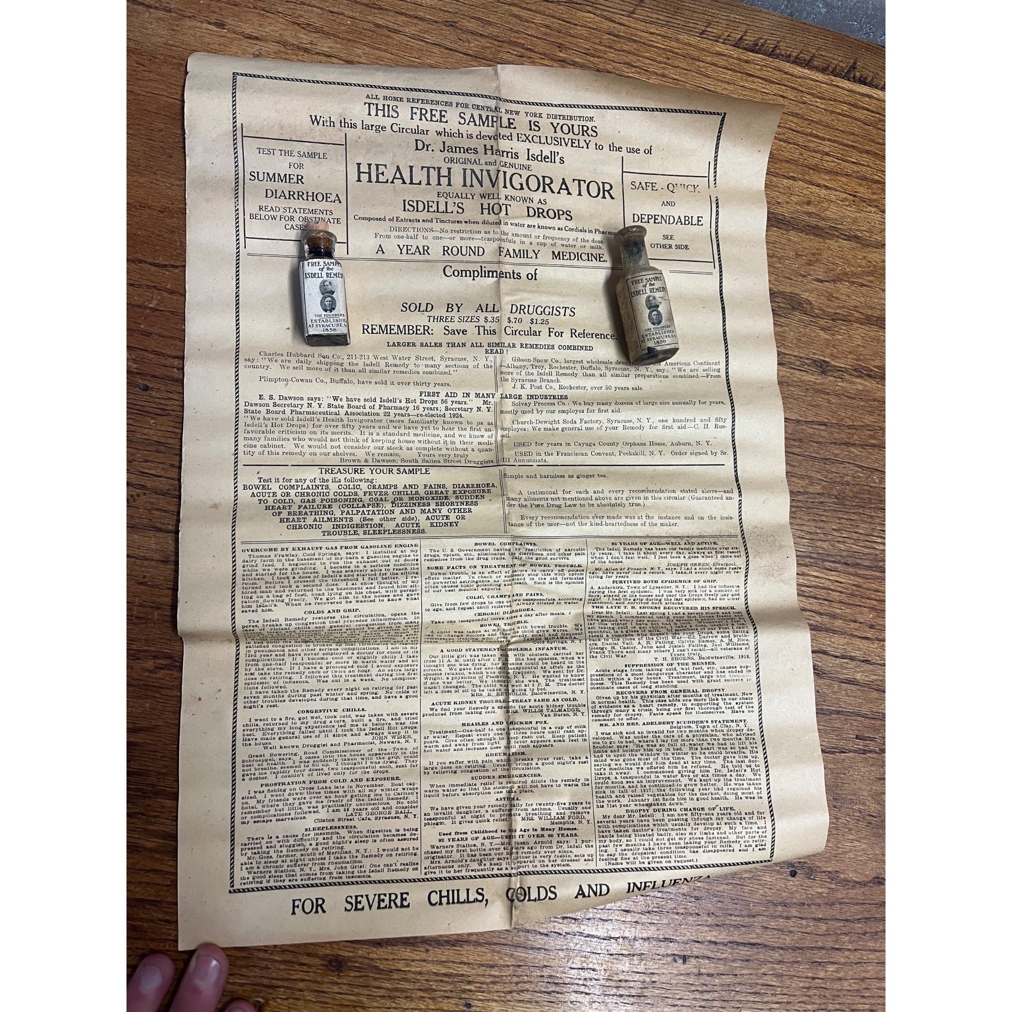 Antique 1900s Isdell Remedy Sample Medicine Bottles & Sales Sheet Syracuse NY