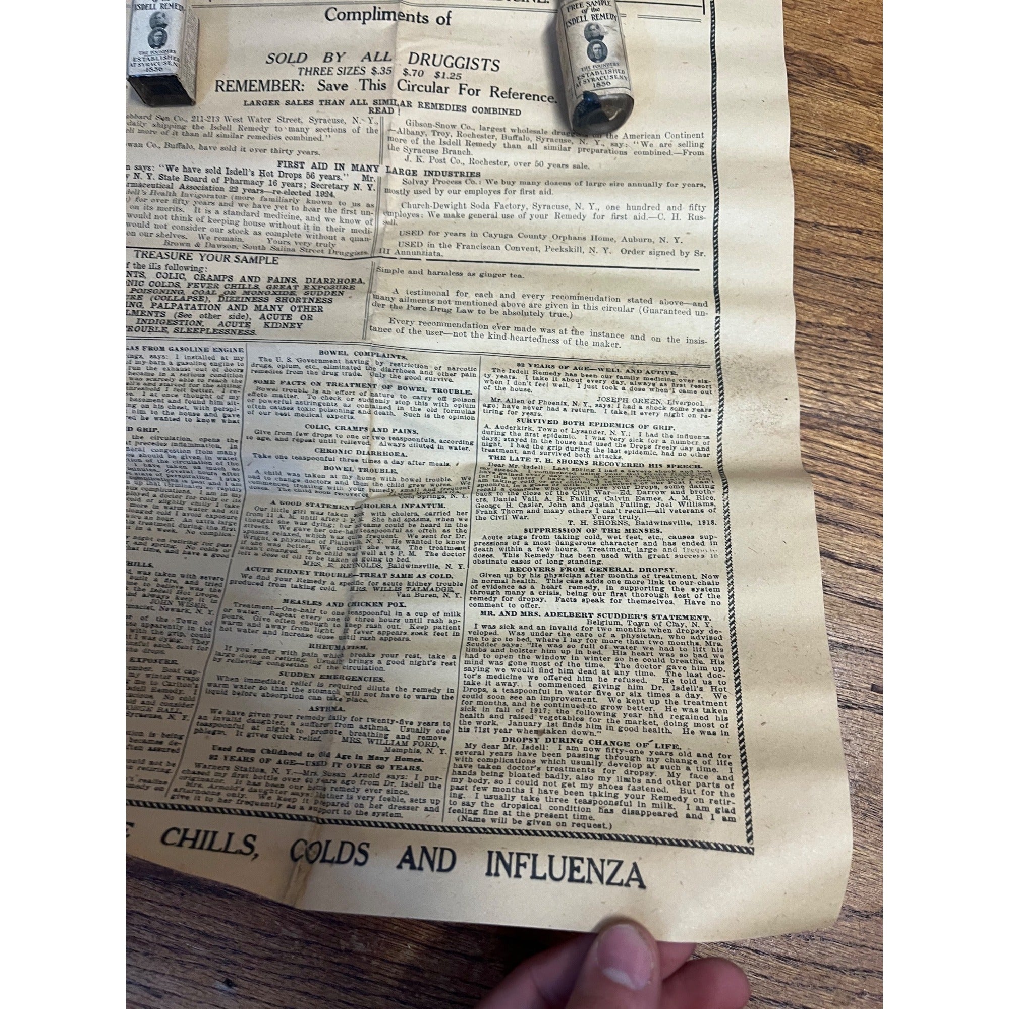 Antique 1900s Isdell Remedy Sample Medicine Bottles & Sales Sheet Syracuse NY