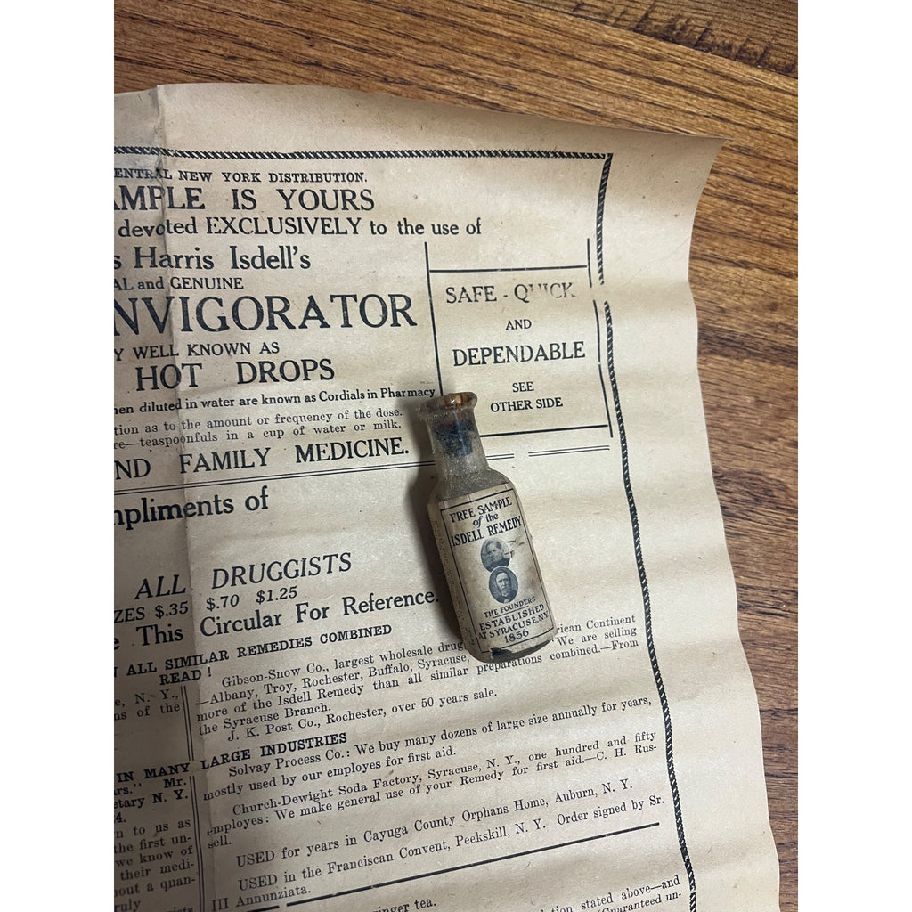 Antique 1900s Isdell Remedy Sample Medicine Bottles & Sales Sheet Syracuse NY