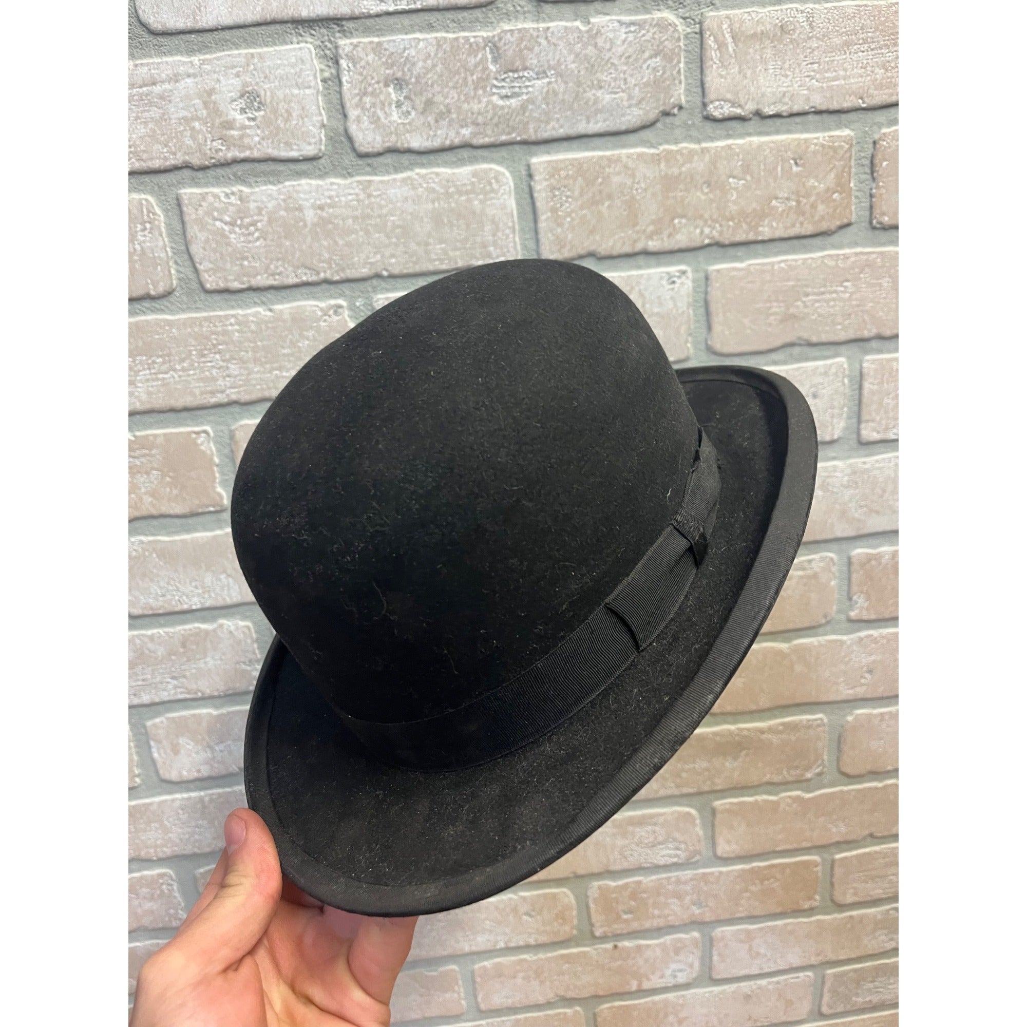 Vintage Black Derby Bowler Hat Felt Men's Victorian Sz 7 Chas Imig Sheboygan WI