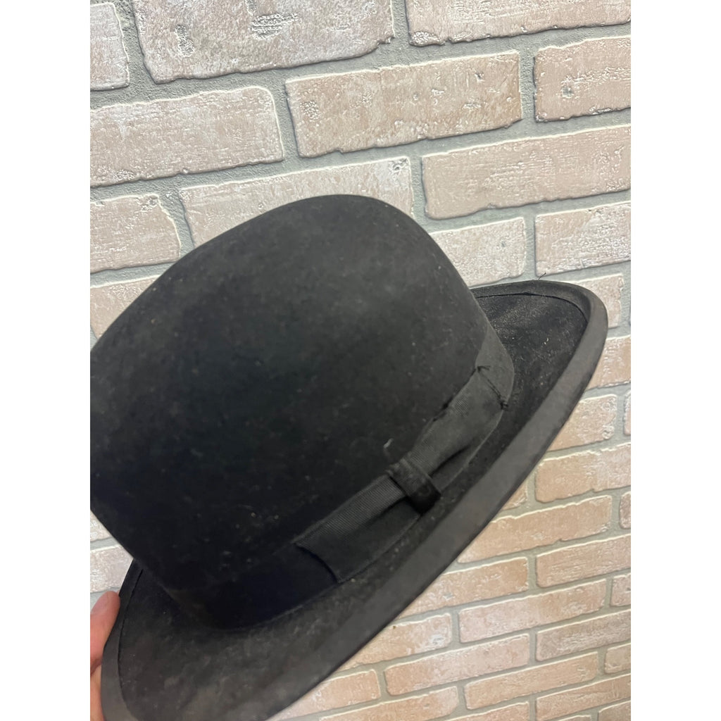 Vintage Black Derby Bowler Hat Felt Men's Victorian Sz 7 Chas Imig Sheboygan WI