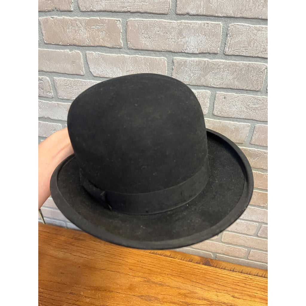 Vintage Black Derby Bowler Hat Felt Men's Victorian Sz 7 Chas Imig Sheboygan WI