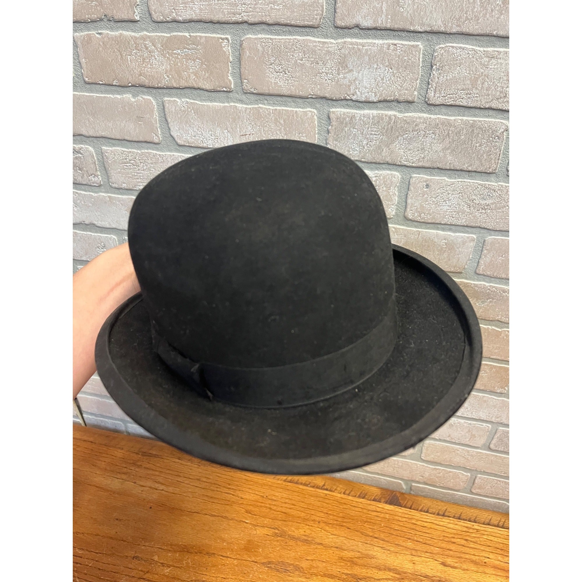 Vintage Black Derby Bowler Hat Felt Men's Victorian Sz 7 Chas Imig Sheboygan WI
