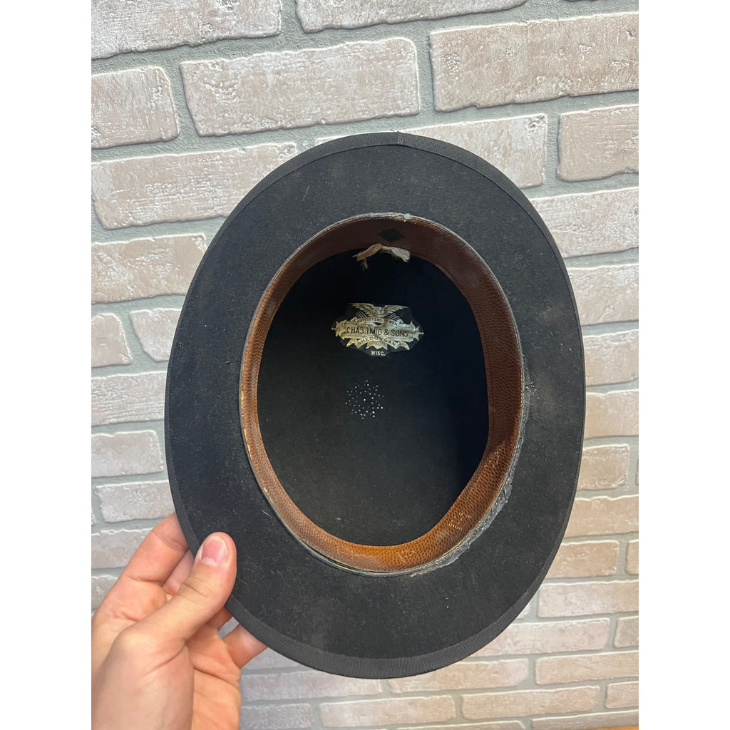 Vintage Black Derby Bowler Hat Felt Men's Victorian Sz 7 Chas Imig Sheboygan WI