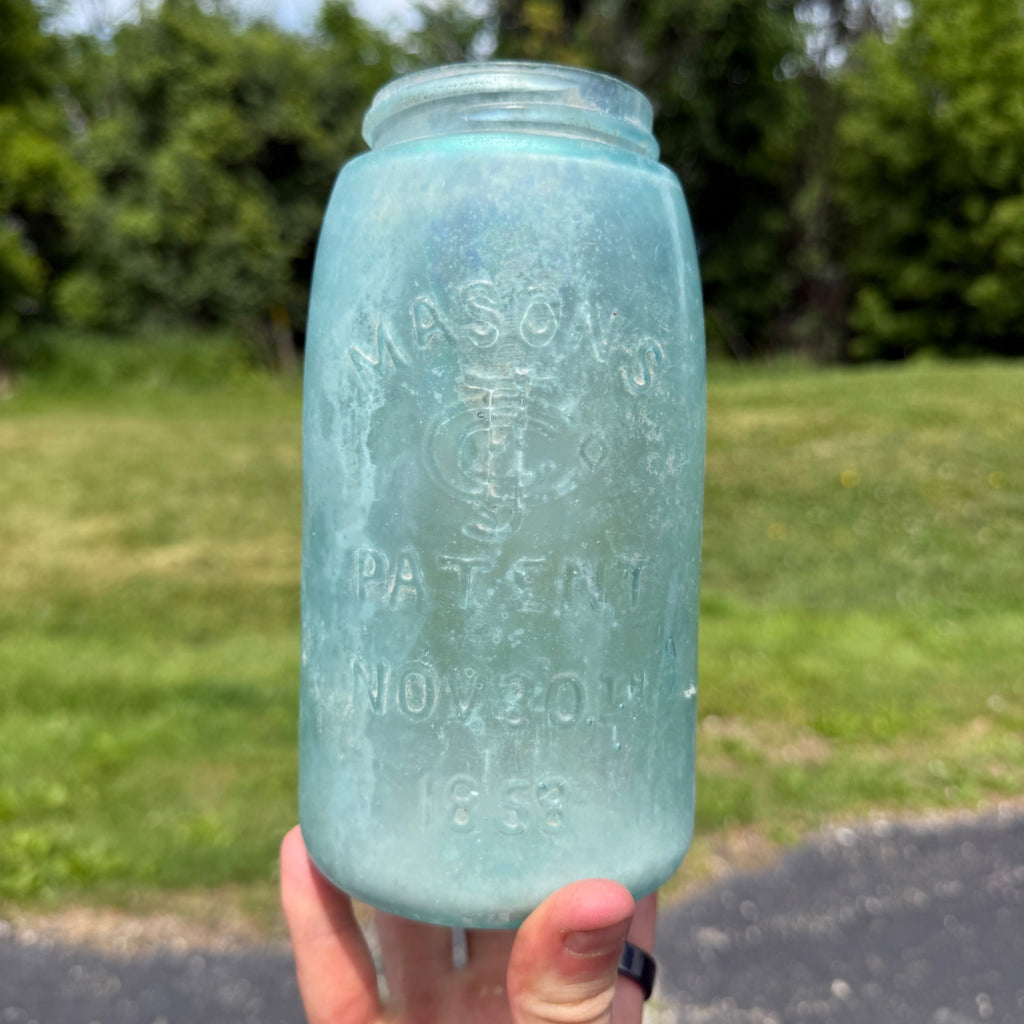 Antique Mason Quart Aqua Blue Opaque Patent 1958 CFJ Co Fruit Canning D308