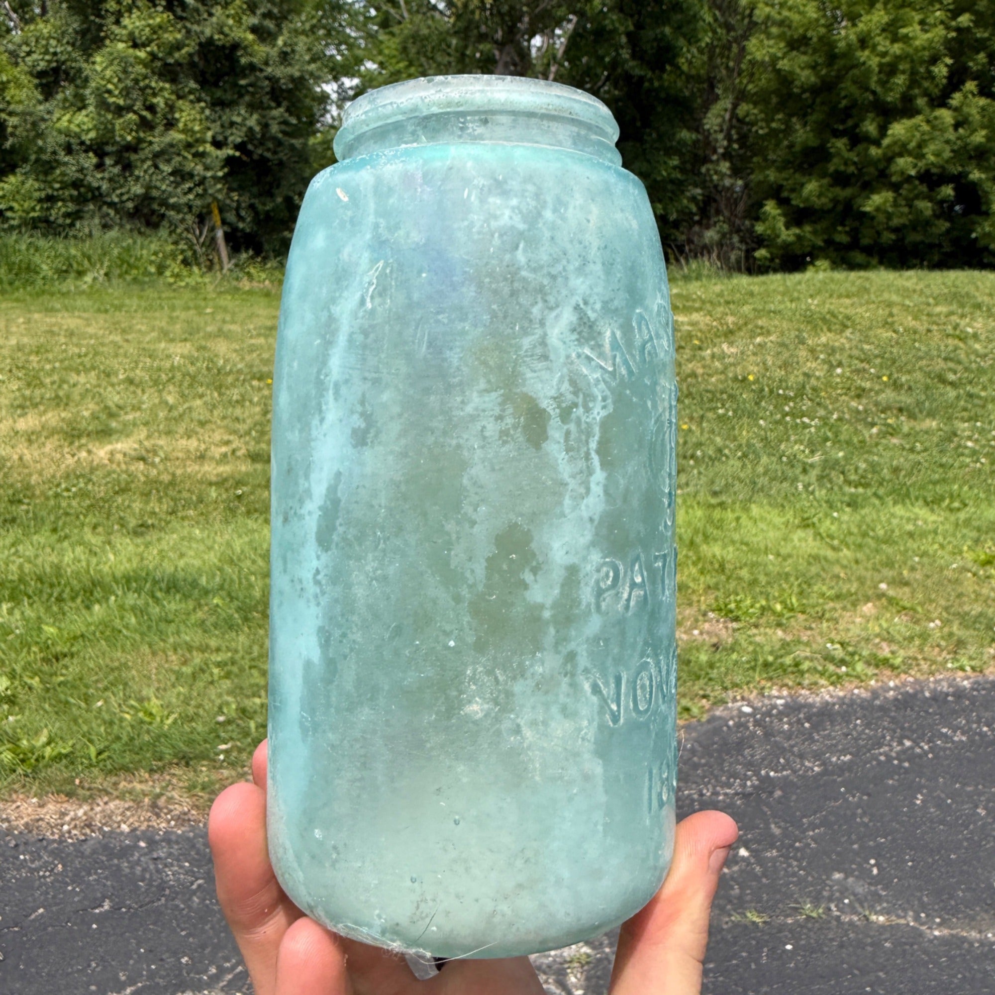 Antique Mason Quart Aqua Blue Opaque Patent 1958 CFJ Co Fruit Canning D308