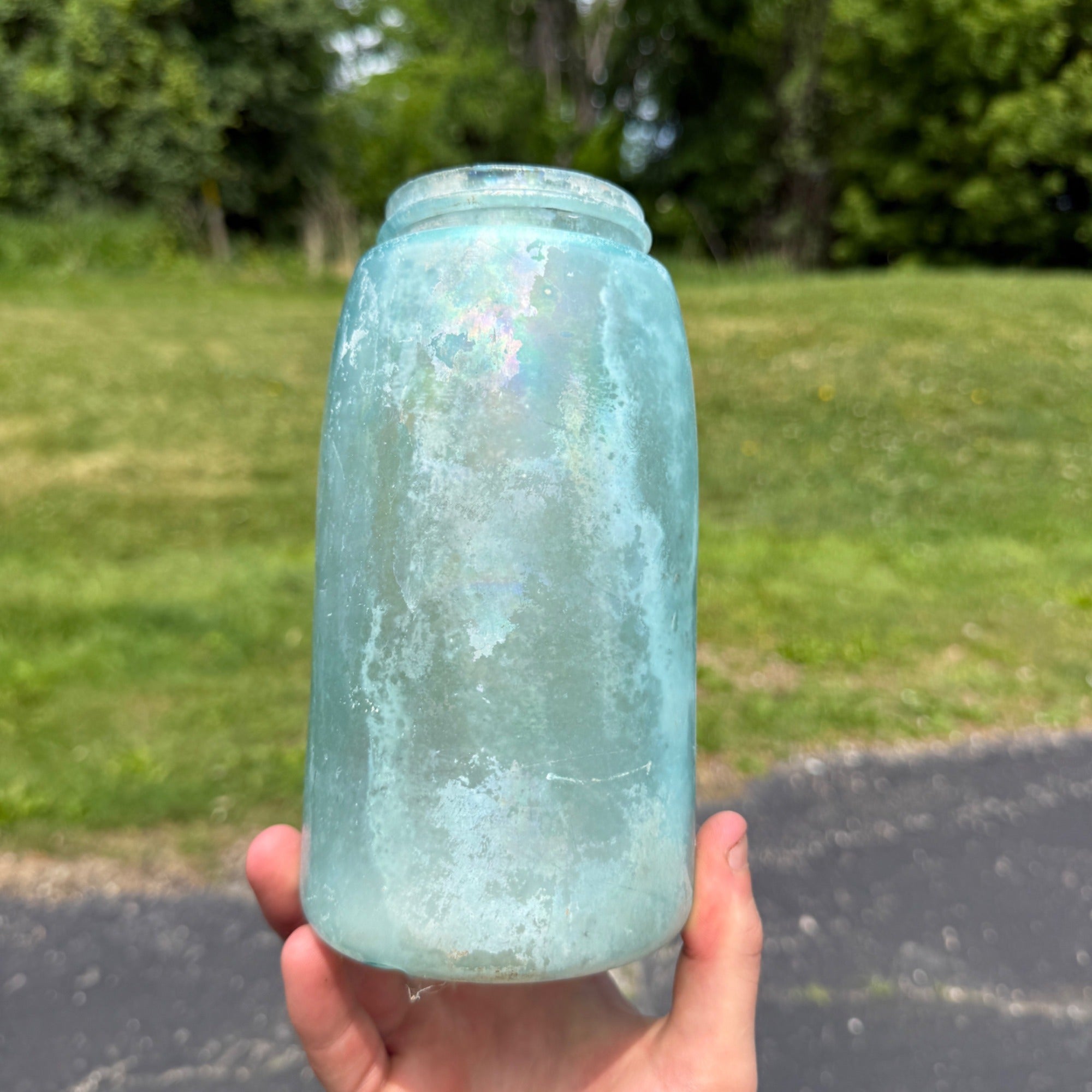 Antique Mason Quart Aqua Blue Opaque Patent 1958 CFJ Co Fruit Canning D308