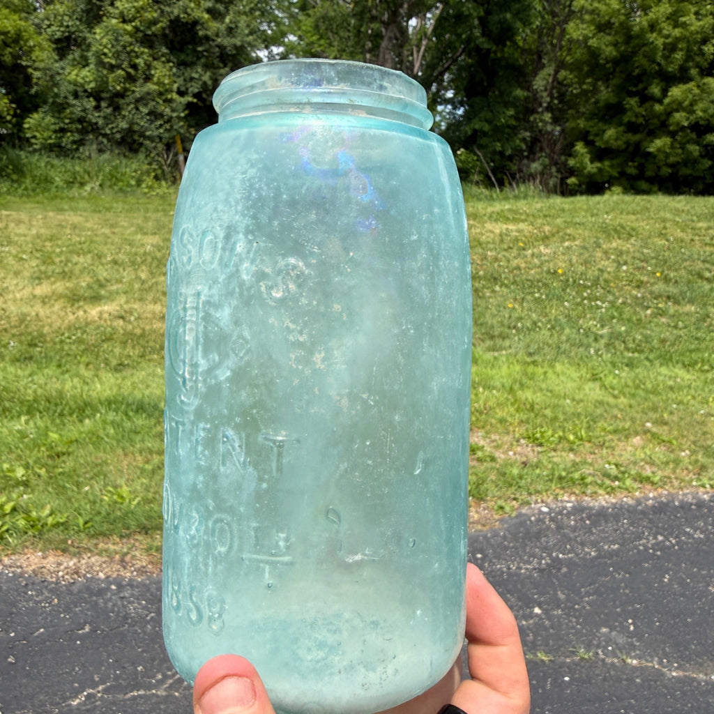 Antique Mason Quart Aqua Blue Opaque Patent 1958 CFJ Co Fruit Canning D308