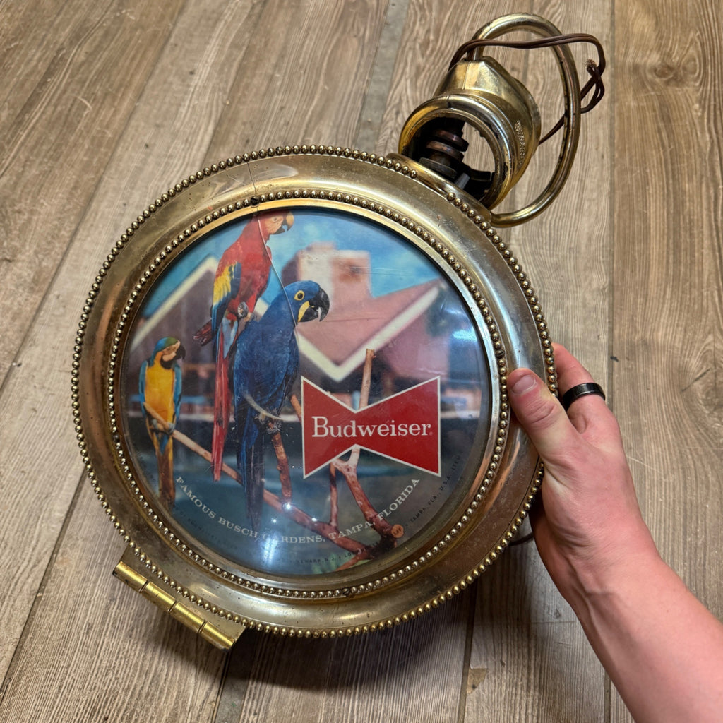 VTG Double Sided 1950s Budweiser Pocket Watch Clock Lighted Parrot Bird Bar Sign As-Is