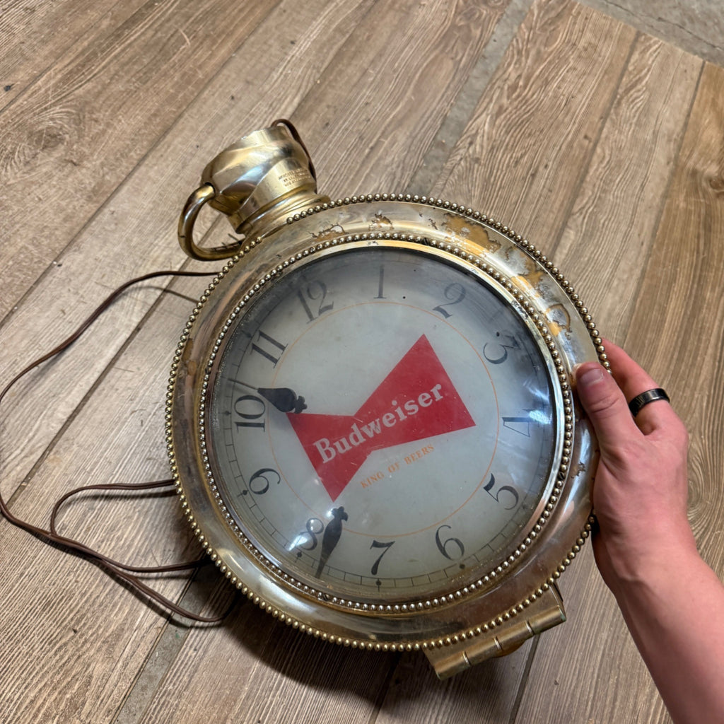 VTG Double Sided 1950s Budweiser Pocket Watch Clock Lighted Parrot Bird Bar Sign As-Is