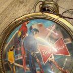 VTG Double Sided 1950s Budweiser Pocket Watch Clock Lighted Parrot Bird Bar Sign As-Is