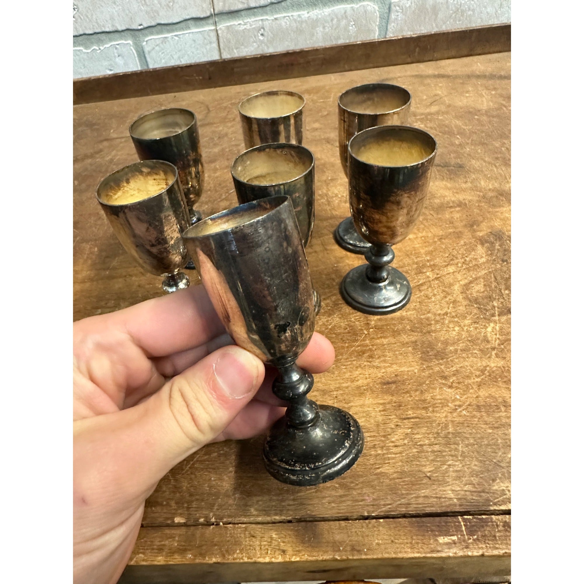 SET 7 VINTAGE ROGERS SILVER CO NO.1410 SILVERPLATE SHERRY CORDIALS PLATE GOBLETS