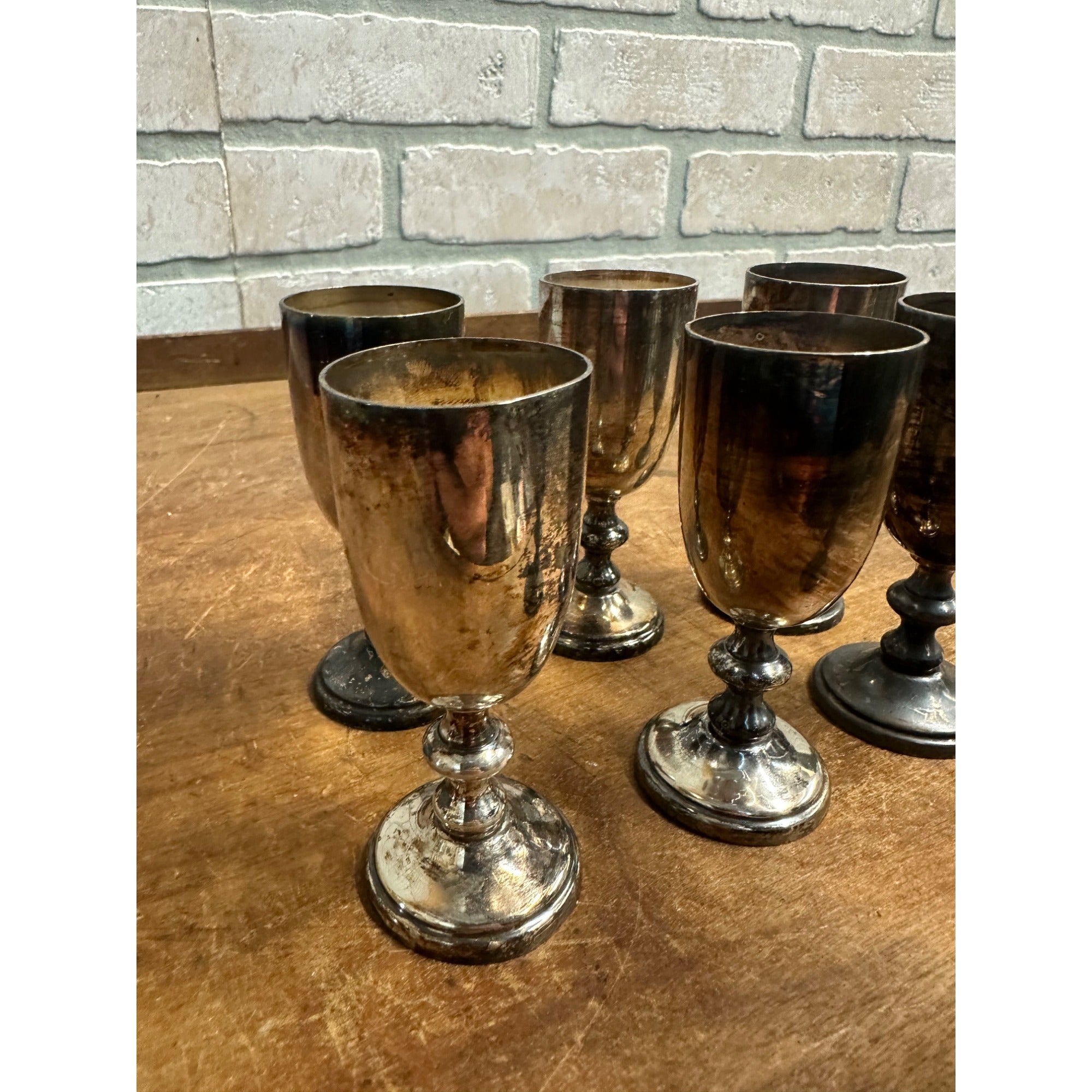 SET 7 VINTAGE ROGERS SILVER CO NO.1410 SILVERPLATE SHERRY CORDIALS PLATE GOBLETS