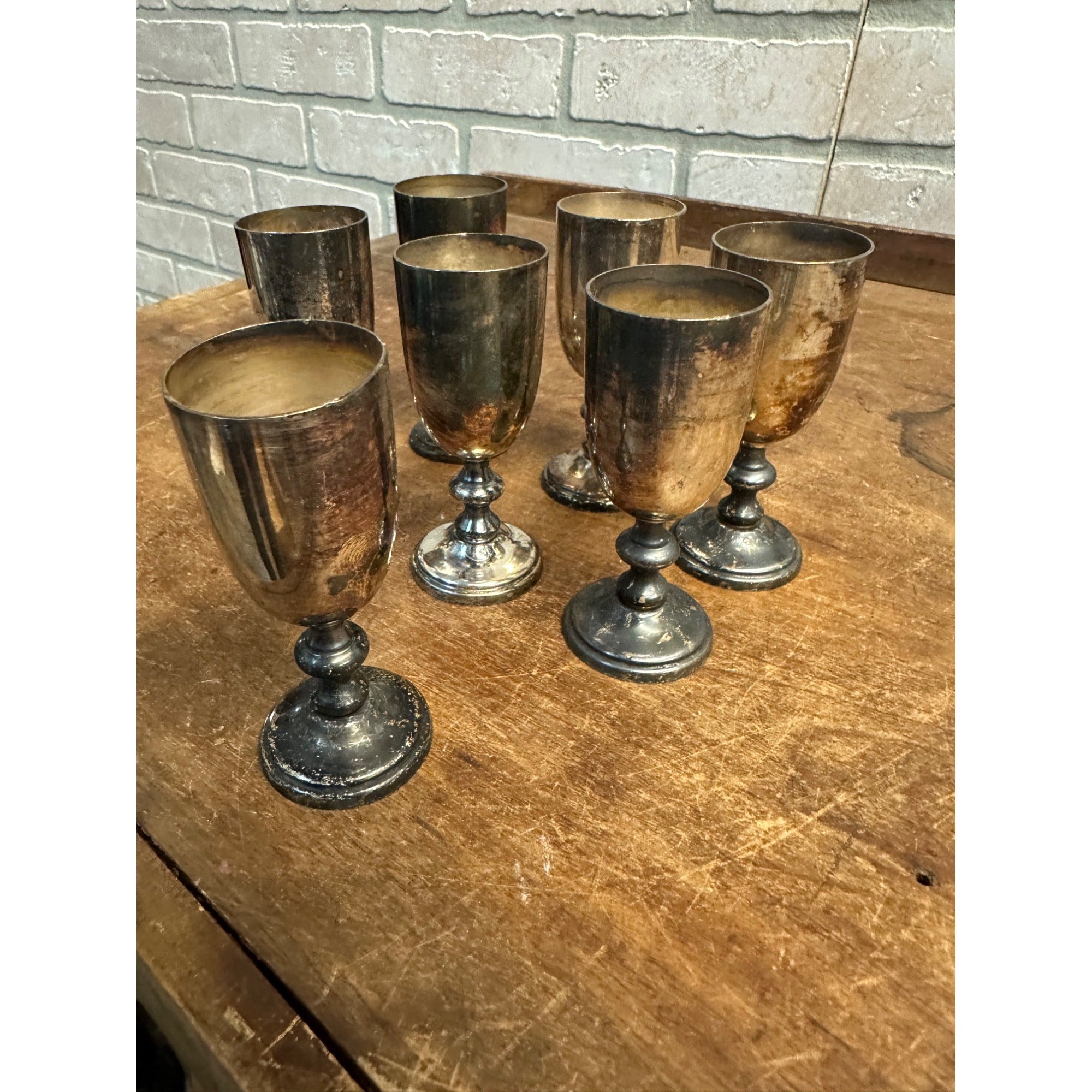 SET 7 VINTAGE ROGERS SILVER CO NO.1410 SILVERPLATE SHERRY CORDIALS PLATE GOBLETS