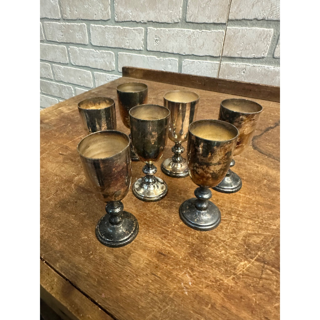 SET 7 VINTAGE ROGERS SILVER CO NO.1410 SILVERPLATE SHERRY CORDIALS PLATE GOBLETS