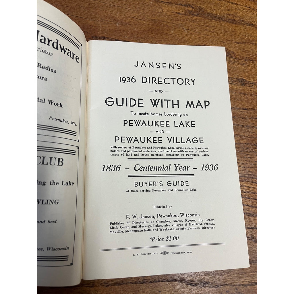 Vintage 1936 Jansens Directory of Pewaukee Wisconsin Business Guide Ads Wis WI